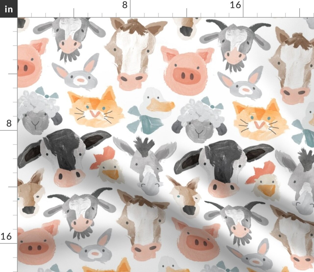 Farm Animals Cute Barnyard Watercolor Whimsical Custom Printed Fabric by Spoonflower Various Fabrics by the Yard or Fat Quarter